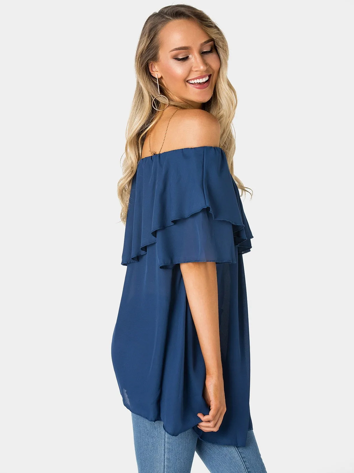 OEM ODM Off The Shoulder Tiered Half Sleeve Navy Top